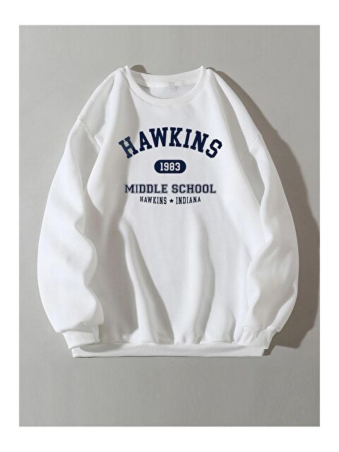 Trendseninle Kadın Beyaz Hawkins Baskılı Oversize Sweatshirt - S000106708-10584