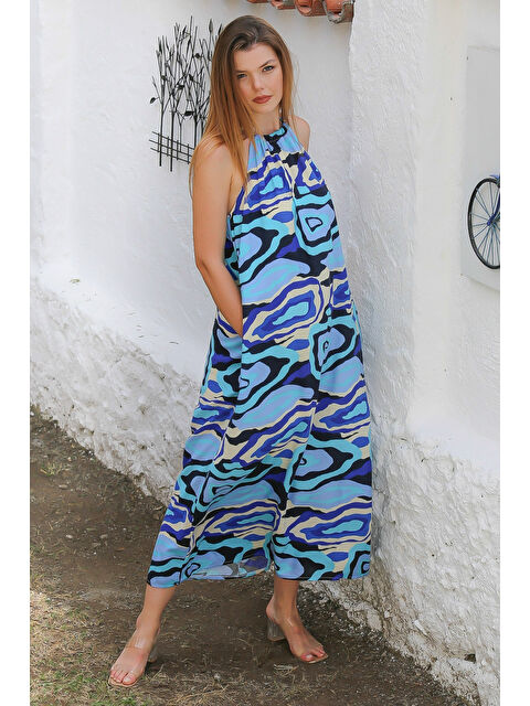 Chiccy Mavi Boyundan Bağlamalı Cepli Allover Baskılı Dokuma Casual Elbise - S000360044-17234