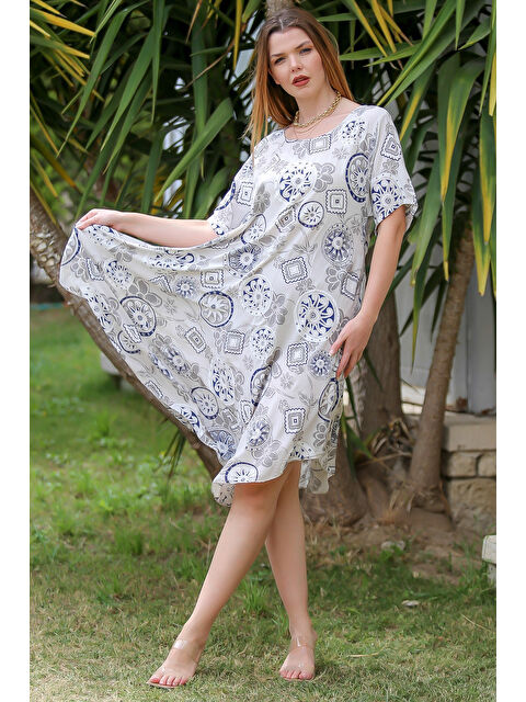 Chiccy İtalyan Bej V Yaka Kısa Kol Oval Etekli Allover Baskılı Dokuma Casual Elbise - S000360043-19928