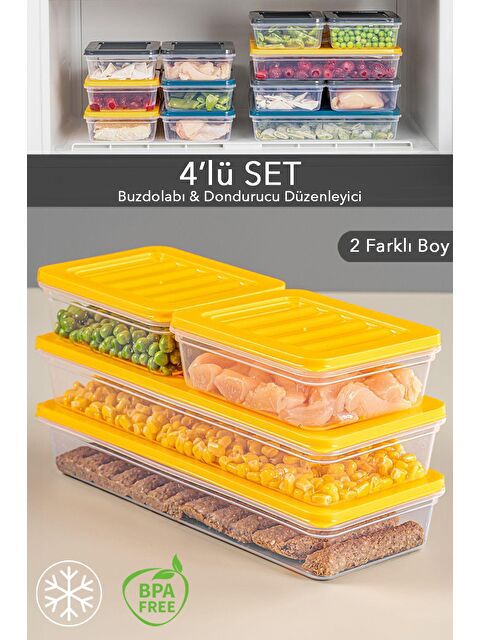 Meleni Home 4'lü Buzdolabı Organizer Mikrodalga Ve Difrize Uygun Saklama Kabı Sarı 2 x 1170 ml - 2 x 600 ml - S000208745-20072