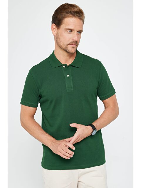 TUDORS Erkek Slim Fit Dar Kesim %100 Pamuk Düz Pike Yeşil Polo Yaka Tişört