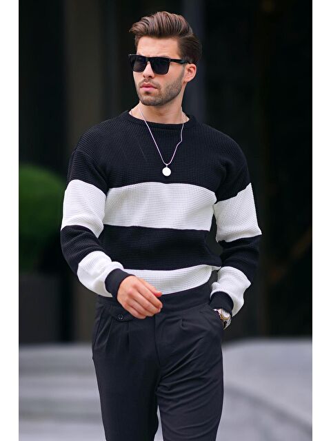 Madmext Siyah Bisiklet Yaka Renk Bloklu Uzun Kollu Örme Kazak 7236 - S000231878-19351