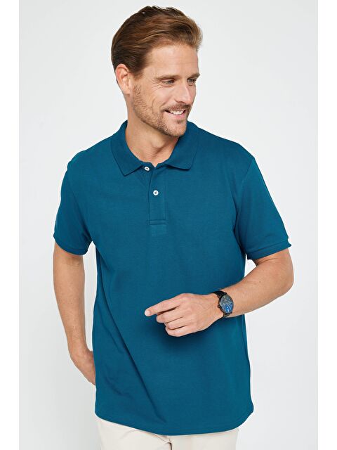 TUDORS Erkek Klasik Fit Rahat Kesim %100 Pamuk Düz Pike İndigo Polo Yaka Tişört