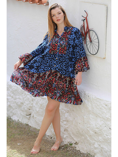Chiccy Mavi Hakim Yaka 3/4 Kol Düğmeli Kol Ve Etek Ucu Fırfırlı Allover Baskılı Dokuma Casual Elbise - S000358976-17234
