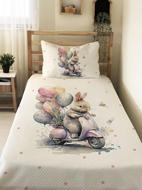 Evmila Motorcu Tavşan Desenli Soft Baskılı Tek Kişilik 160x220 Cm Pike- Beyaz - S000128651-23173