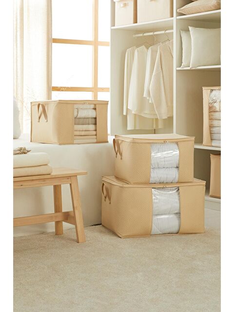 Ocean Home Textile 3'lü Pvc Pencereli Bej Balıksırtı Hurç Set - S000209487-19928