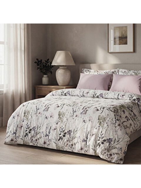 Green Black Florissa Bahar Dokusu Çift Kişilik %100 Ege Pamuğu Nevresim Takımı - Çarşaflı - 4 Yastıklı Lila