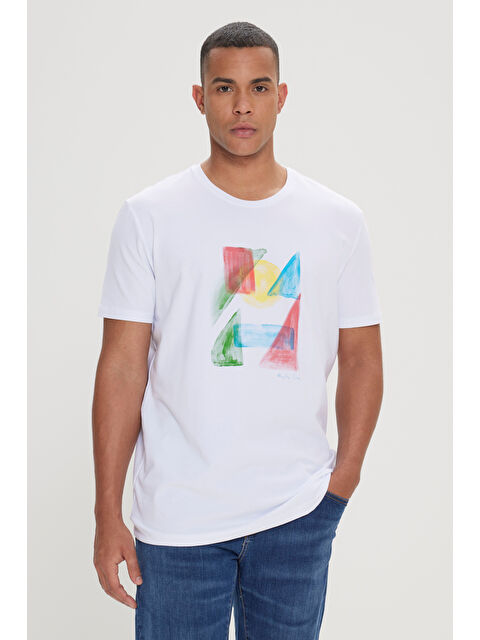 Altınyıldız Classics Erkek Beyaz Slim Fit Dar Kesim Pamuklu Baskılı Bisiklet Yaka Tişört - S000402445-20063