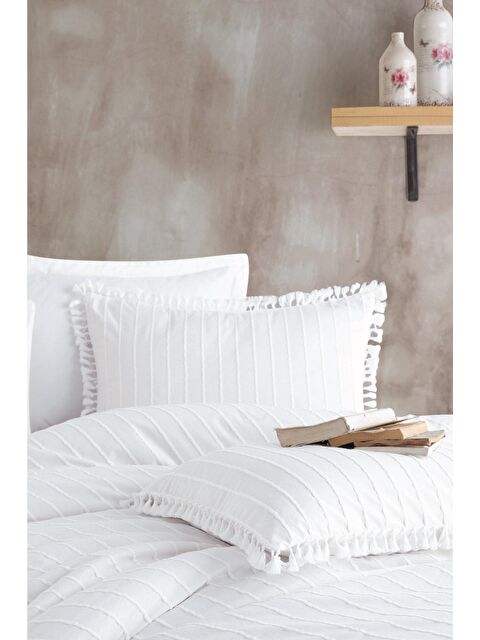 Nordqueen %100 Pamuk Tek Kişilik Püsküllü Nevresim Seti Estina Beyaz - S000115243-20063