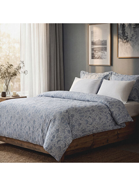 Green Black Serena Zarif Denge Çift Kişilik %100 Ege Pamuğu Nevresim Takımı - Çarşaflı - 4 Yastıklı Mavi