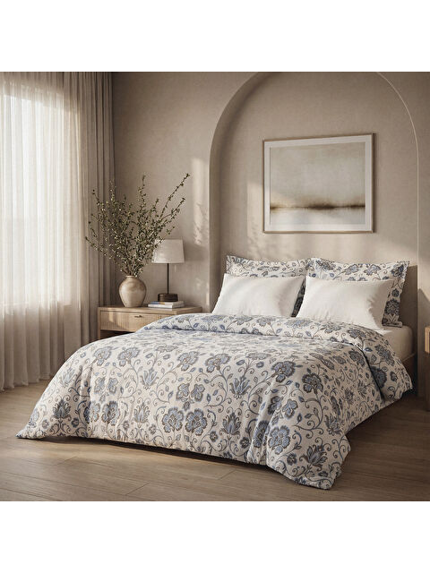 Green Black Verona Zarif Bahçe Çift Kişilik %100 Ege Pamuğu Nevresim Takımı - Çarşaflı - 4 Yastıklı Krem-Mavi