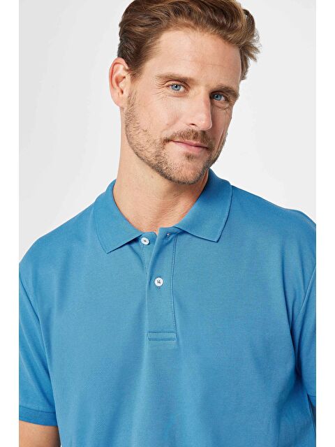 TUDORS Erkek Klasik Fit Rahat Kesim %100 Pamuk Düz Pike Sax Mavi Polo Yaka Tişört