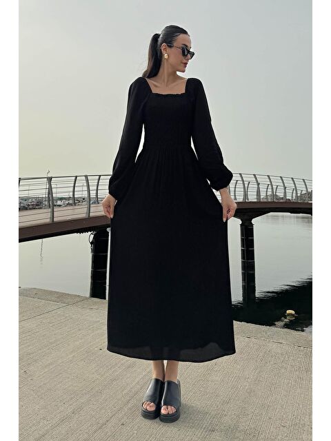 Now Moda Omuz Lastikli Gipeli Uzun Kol Siyah Elbise - S000217499-19351