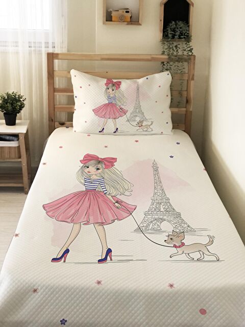 Evmila Eyfel Kız Desenli Soft Baskılı Tek Kişilik 160x220 Cm Pike- Beyaz - S000128659-23173