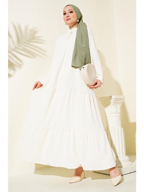 Bigdart 1627 Yaka Bağcıklı Tesettür Elbise - Krem - S000089374-19966