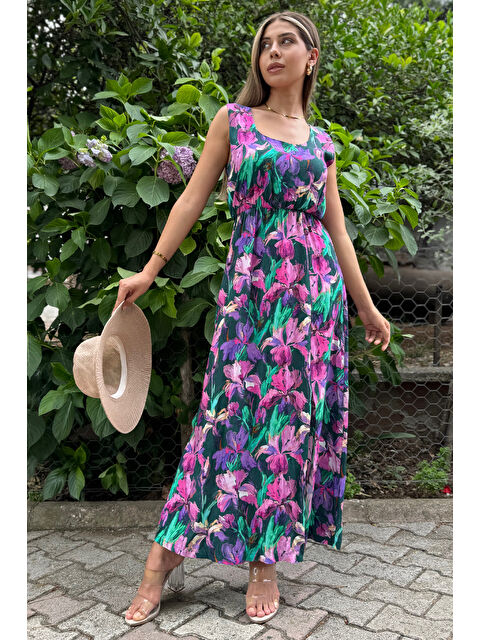 Gülseli Kalın Askılı Bel Lastikli Desenli Elbise - S000289607-18709