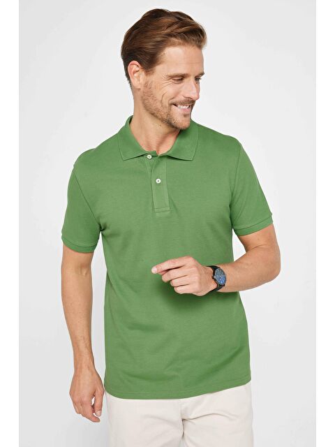 TUDORS Erkek Slim Fit Dar Kesim %100 Pamuk Düz Pike Yeşil Polo Yaka Tişört