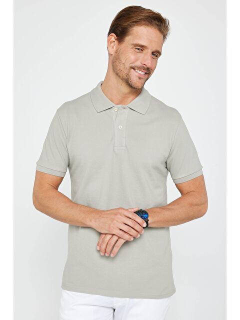 TUDORS Erkek Slim Fit Dar Kesim %100 Pamuk Düz Pike Gri Polo Yaka Tişört