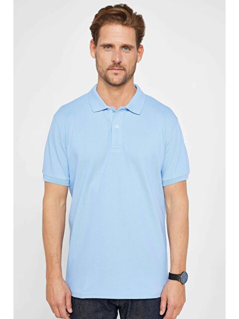 TUDORS Erkek Klasik Fit Rahat Kesim %100 Pamuk Düz Pike Mavi Polo Yaka Tişört