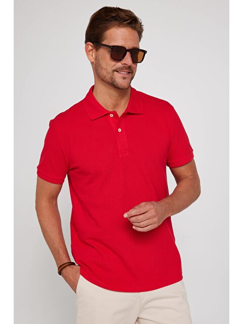 TUDORS Erkek Polo Yaka Slim Fit Düz Pamuk Kırmızı Pike Tişört