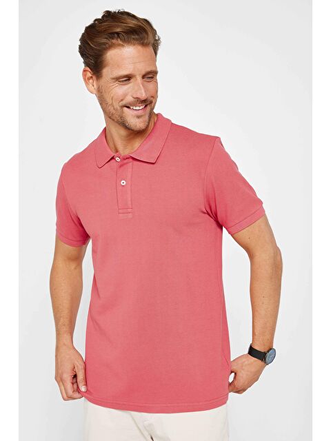 TUDORS Erkek Slim Fit Dar Kesim %100 Pamuk Düz Pike Pudra Renk Polo Yaka Tişört