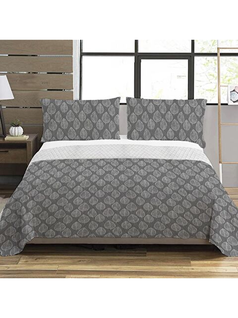 Evmila Yaprak Desen Çift Kişilik Baskılı Pike (200x220 Cm) Gri - S000124197-23173