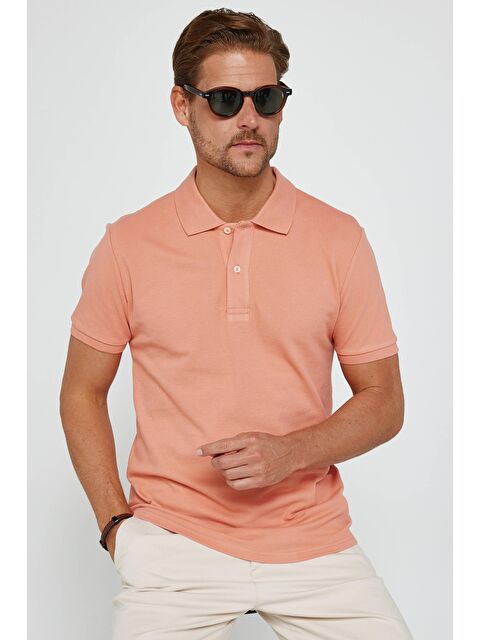 TUDORS Erkek Slim Fit Dar Kesim %100 Pamuk Düz Pike Mercan Polo Yaka Tişört