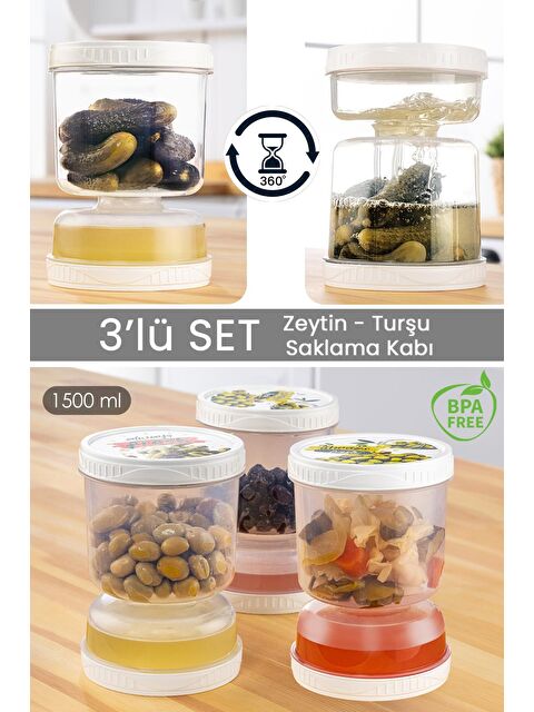 Meleni Home 3'lü Set Süzgeçli Sızdırmaz Zeytinlik Çevir Kullan Turşuluk Saklama Kabı 1,5 lt Şeffaf - S000129625-26865
