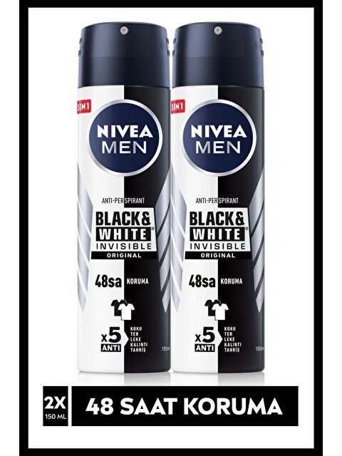 NIVEA Men Black&White Invisible Original Erkek Sprey Deodorant 150 ml x2 Adet, 48 Saat Anti-Perspirant - S000113147-26865