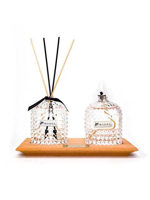 Missi Masif Ahşap Tepsili Oval Kristal Şişe Black Orchid Oda Kokusu Ve Kandil Seti - S000292292-19965