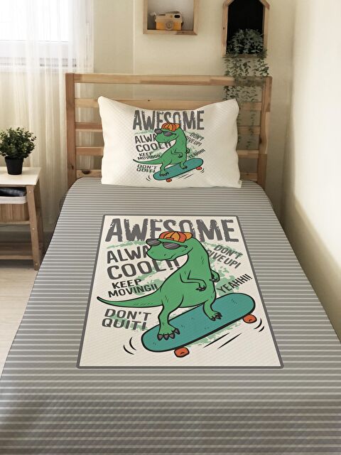 Evmila Dinozor Desenli Soft Baskılı Tek Kişilik 160x220 Cm Pike- Gri - S000128668-23173