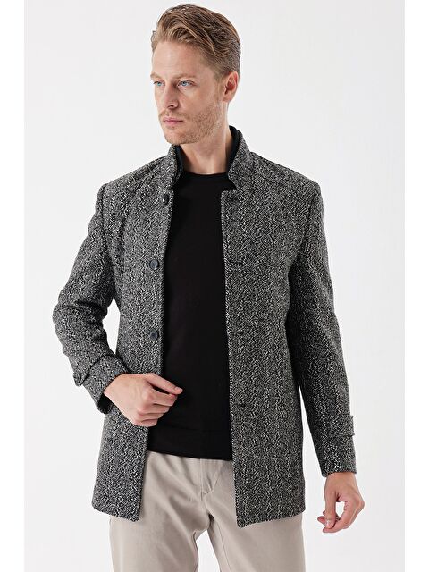 İMZA Koyu Antrasit Kaşe Hakim Yaka Desenli Yırtmaçlı Astarlı Slim Fit Dar Kesim Klasik Kaban 1008235153 - S000349886-26298