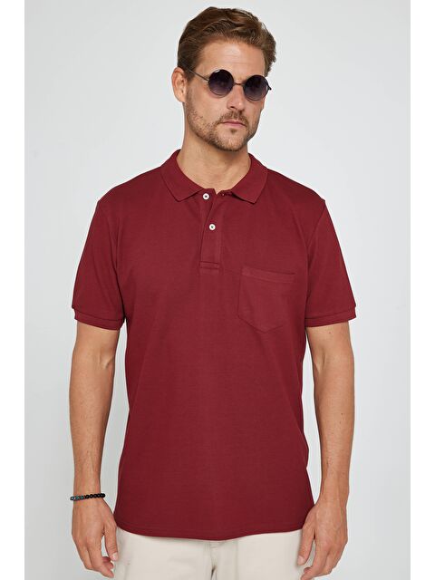 TUDORS Erkek Klasik Fit Rahat Kesim %100 Pamuk Düz Pike Bordo Polo Yaka Tişört