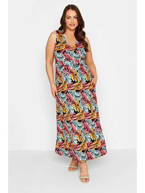 Stil Diva Büyük Beden V Yaka Sıfır Kol Desenli Uzun Elbise 301902 - S000244357-23173