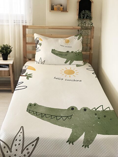 Evmila Timsah Desenli Soft Baskılı Tek Kişilik 160x220 Cm Pike  - Beyaz - S000128676-23173