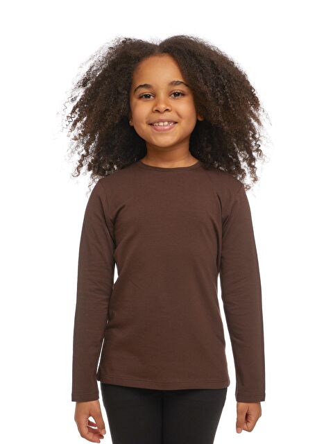 Lovetti Kahverengi Unısex Sıfır Yaka Uzun Kollu Tişört - S000053556-19413