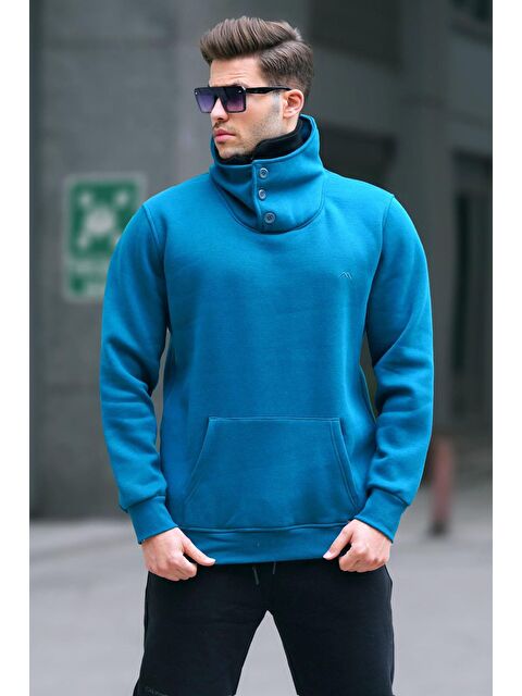 Madmext Petrol Mavisi Yaka Detaylı Erkek Sweatshirt 4411