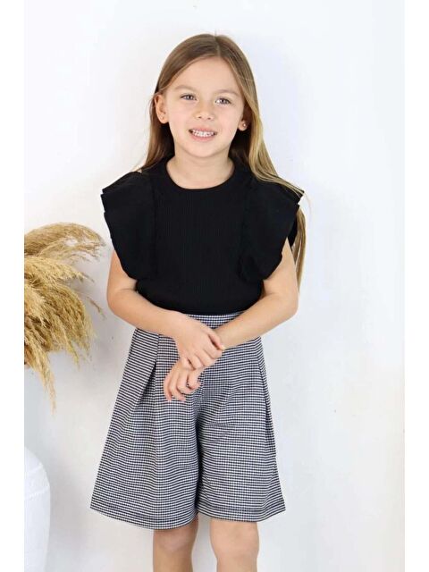 Riccotarz Kız Çocuk Kolları Fırfırlı Fitilli Kumaş Bluz Dokuma Ekose Detaylı Şortlu Takım - S000487805-19351