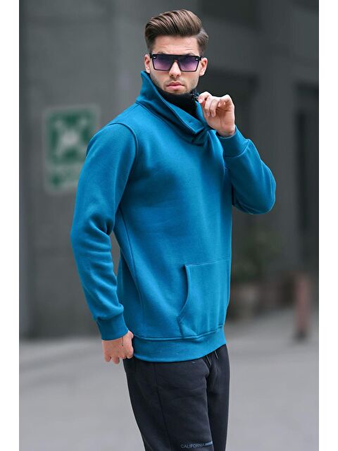 Madmext Petrol Mavisi Yaka Detaylı Erkek Sweatshirt 4411
