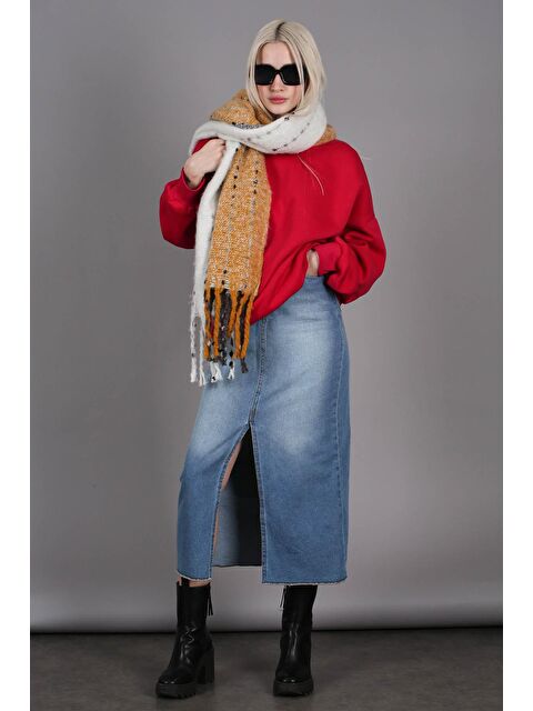 Madmext Buz Mavisi Yırtmaçlı Midi Boy Basic Kadın Jean Etek Mg1558 - S000122094-8826