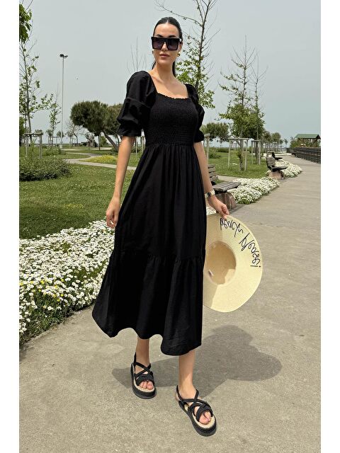 Now Moda Omuz Lastikli Gipeli Siyah Elbise - S000217500-19351