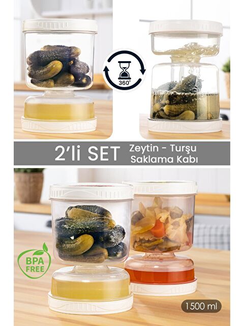 Meleni Home 2'li Süzgeçli Sızdırmaz Turşuluk Çevir Kullan Zeytinlik Saklama Kabı 1,5 lt Şeffaf - S000129627-26865