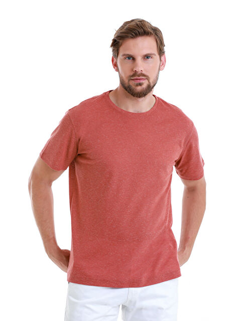 Hatemoğlu Kiremit Regular Fit Düz Bisiklet Yaka Keten Tişört - S000288446-18657