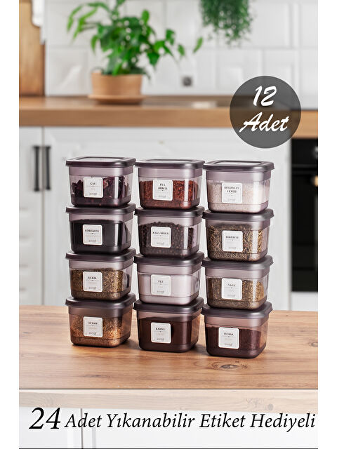 Porsima Org-430 12li Etiketli Kare Baharatlık Bakliyat Erzak Saklama Kabı Seti Siyah 600 ml - S000295303-26865