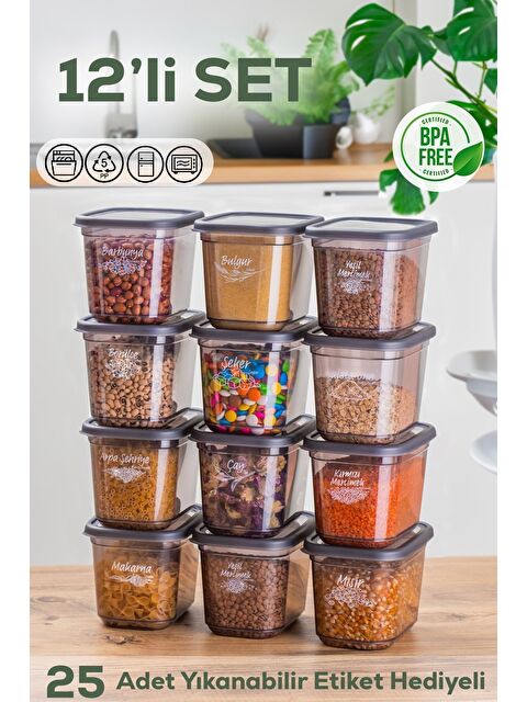 Porsima 1022 12 li Etiketli Kapaklı Dikdörtgen Gıda Erzak Bakliyat Saklama Kabı Seti - 1,3 Lt - S000295307-26865