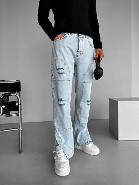Abluka Online Erkek Baggy Fit Parça Yamalı Distressed Jean Pantolon Buz Mavi - S000295377-17234