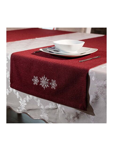 Asdiva Nakışlı  Yılbaşı Konsepti  Kar Tanesi Desen 45x140 Dekoratif Runner Bordo - S000346663-37252