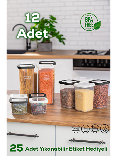 Porsima 1174 12'li Etiketli Renkli Kapaklı Gıda Kavanoz Saklama Kabı Seti Erzak Kabı Organizer Siyah-Beyaz - S000295309-20063