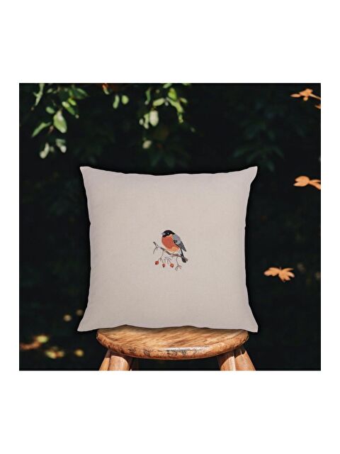 Asdiva Nakışlı   Hambez kumaş Kuş Desen 45x45 Dekoratif Kırlent Kılıfı Krem - S000346664-6385