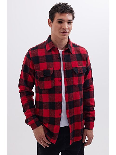 TUDORS Erkek Slim Fit Dar Kesim Uzun Kollu Kapaklı Çift Cepli Kareli Kışlık Oduncu Gömlek - S000493662-23173